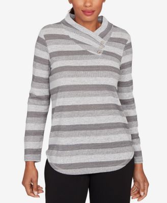 Petite Metallic Stripe Button Accent Knit Top