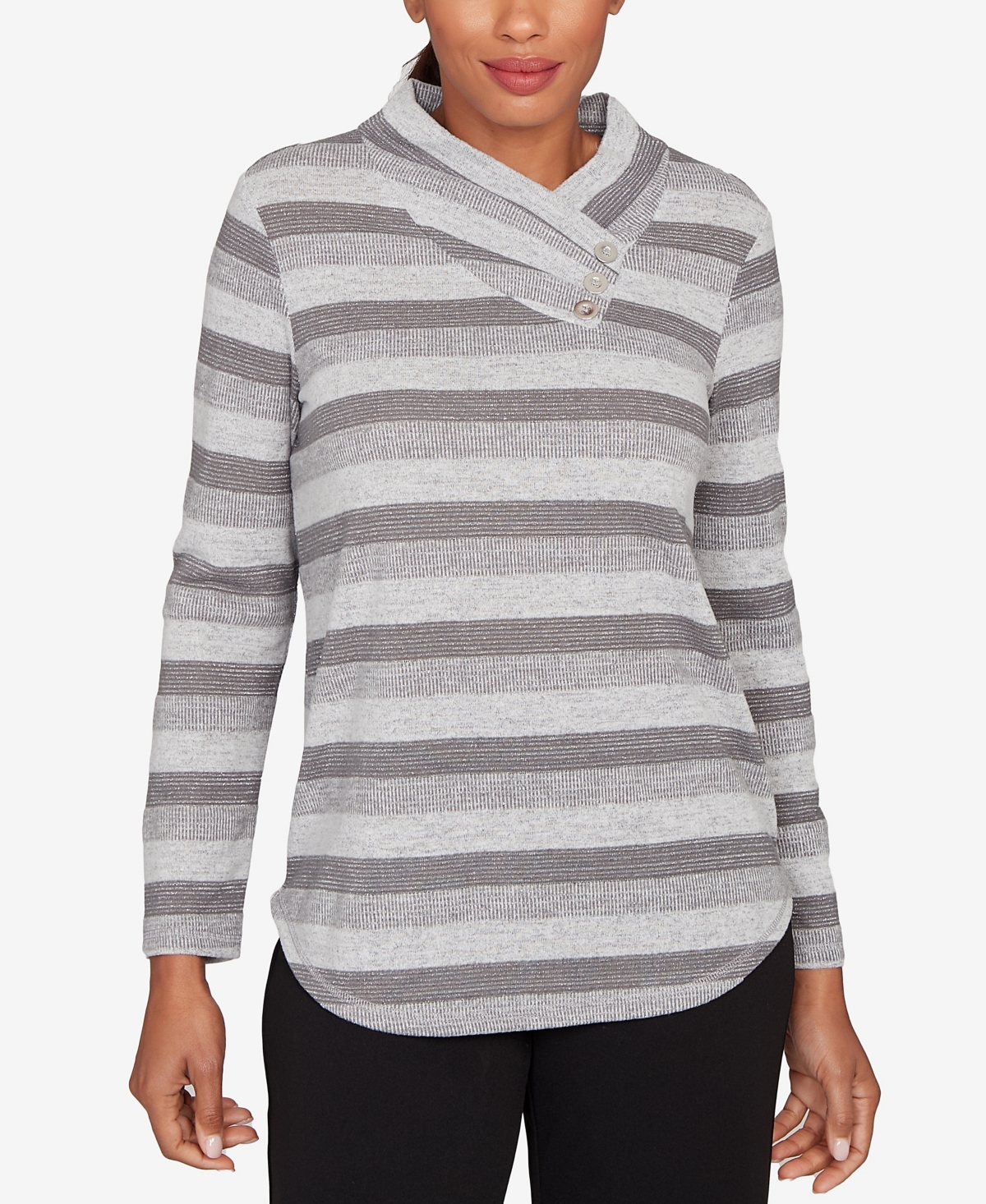 Ruby Rd. Petite Metallic Stripe Button Accent Knit Top In Gray