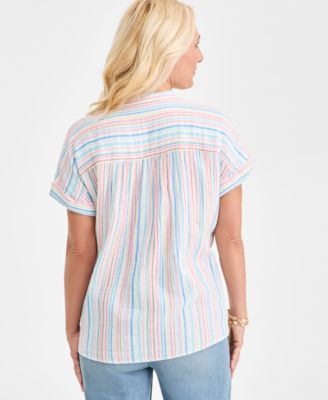 Women's Cotton Gauze Split-Neck Dolman-Sleeve Shirt