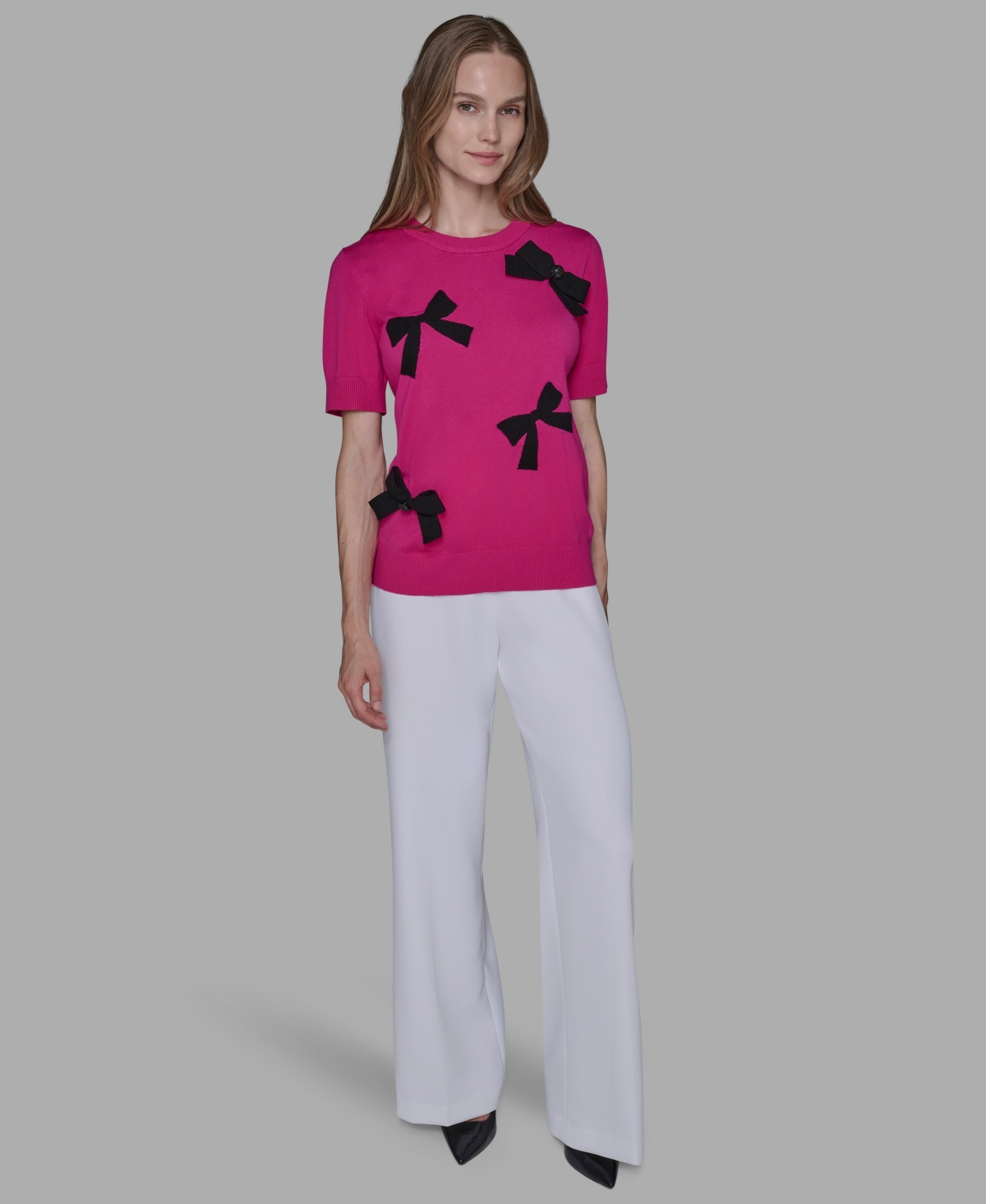 Karl Lagerfeld Womens Short Sleeve Bow Applique Detail Sweater P Xs Xl In Multi
