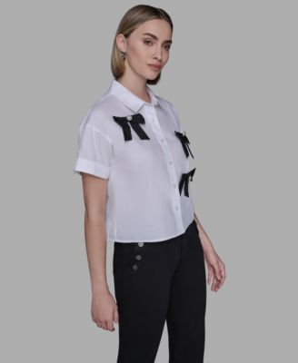 Women's Collar Bow Applique Detail Top