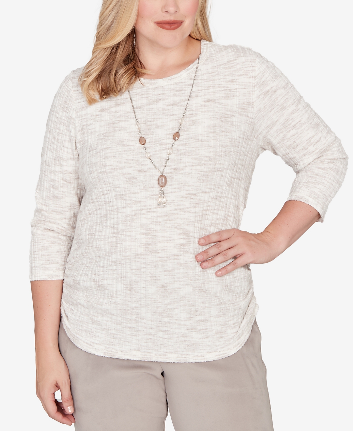 Alfred Dunner Calm Luxe Space Dye Knit Top With Necklace In White