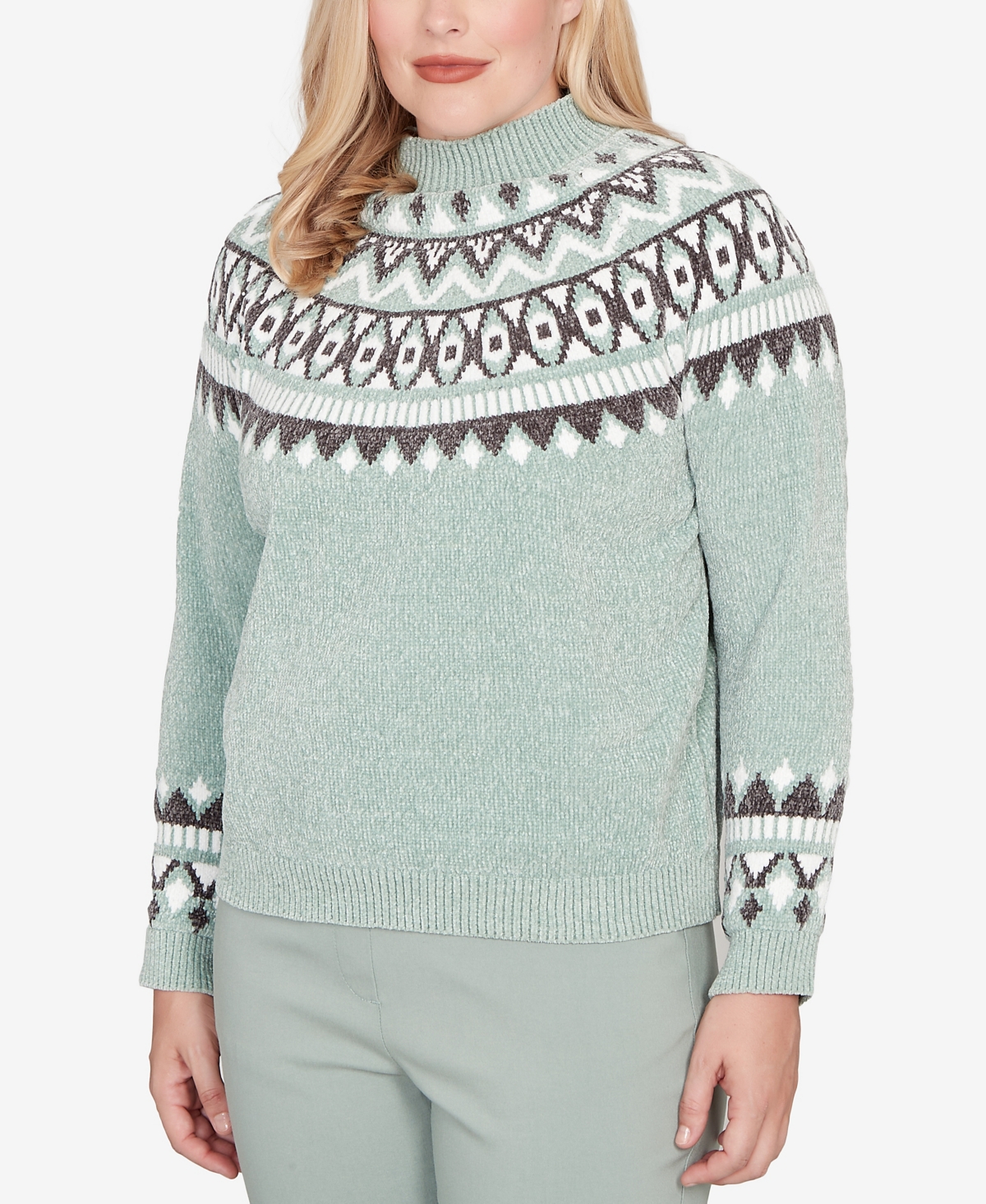 Alfred Dunner Stockbridge Fair Isle Pattern Chenille Sweater In Green