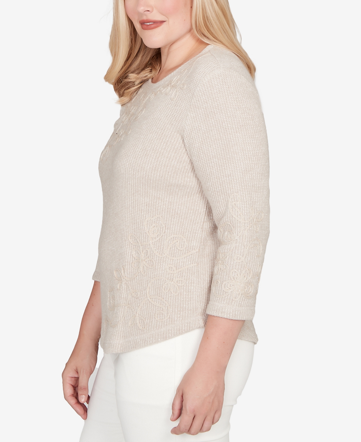 Alfred Dunner Plus Size Vienna Asymmetrical Floral Soutache Knit Top In Brown