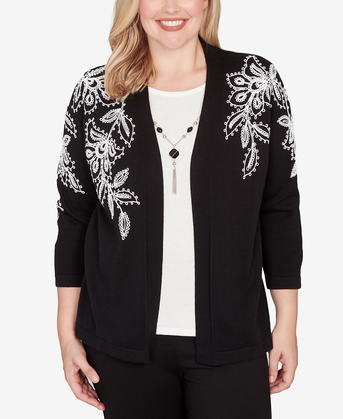Alfred Dunner Barcelona Floral Soutache Two In One Sweater With Necklace In Black