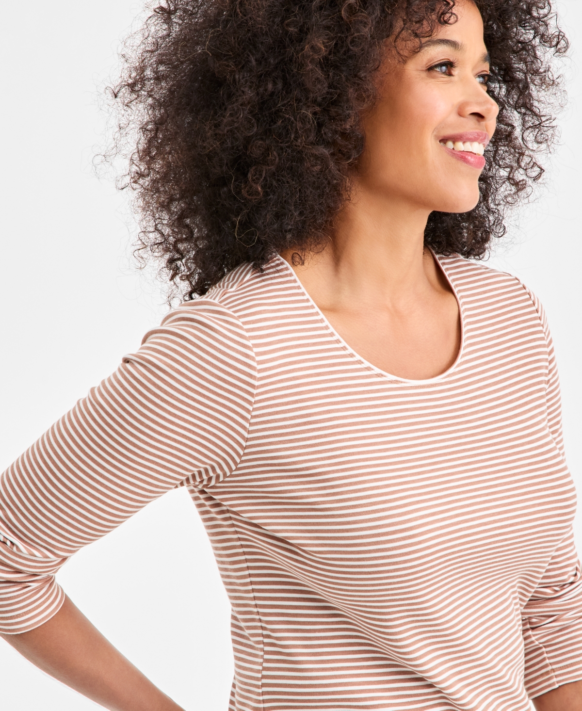 Style & Co Women's Cotton Long-sleeve Scoop-neck Top, Created For Macy's In Neutral