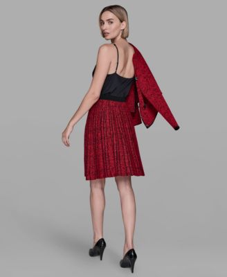 Karl Lagerfeld Womens Crewneck Pocket Detail Cardigan Pull On Pleated Sweater Skirt In Red