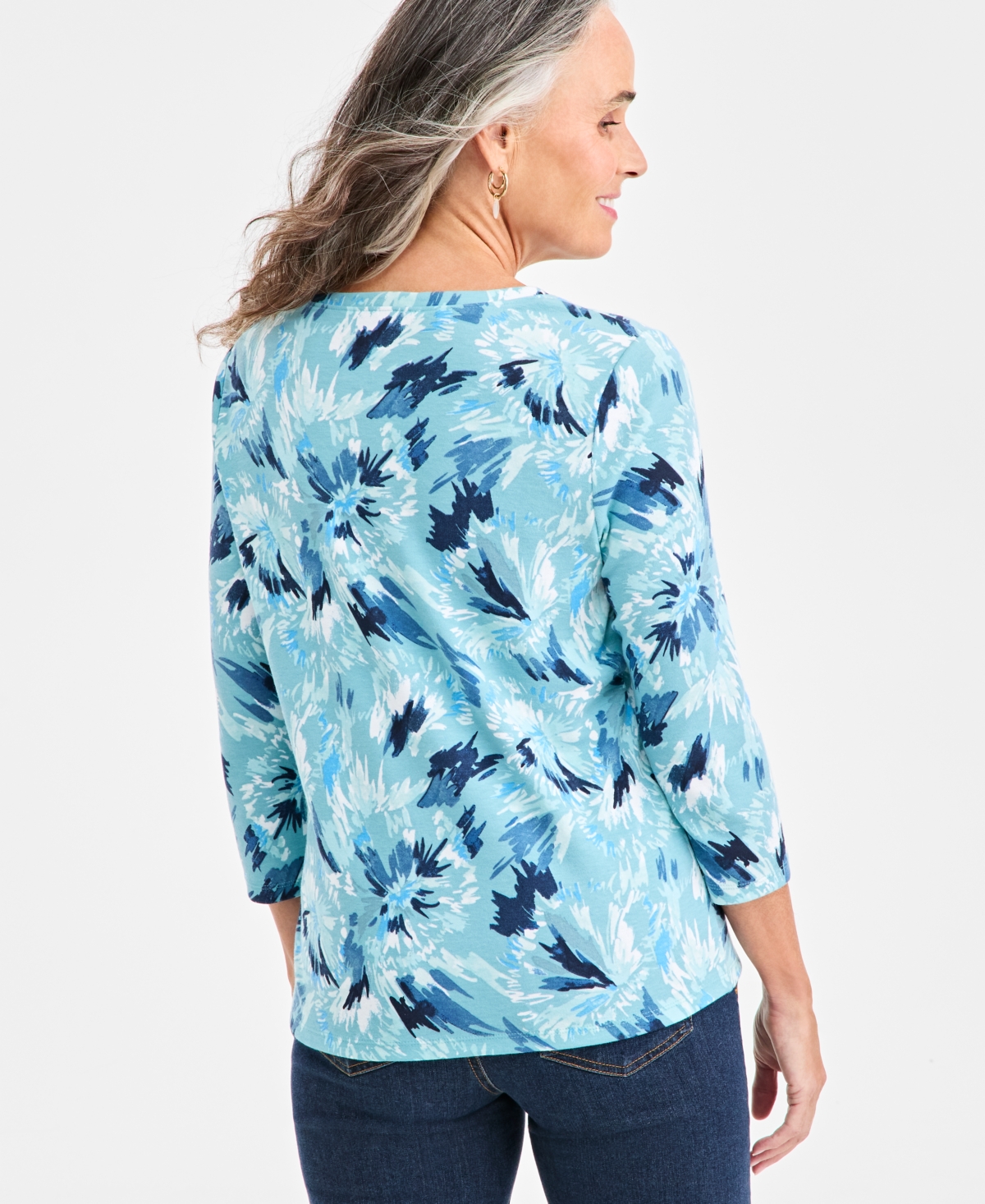 Style & Co Petite Polka-dot Henley 3/4-sleeve T-shirt, Macy's Exclusive In Blue