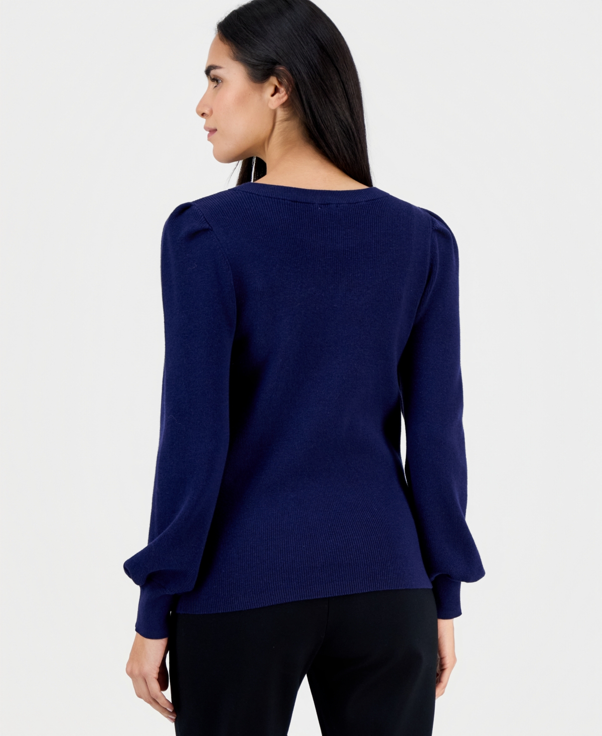 Ak Anne Klein Petite Puff-sleeve Crewneck Sweater In Blue