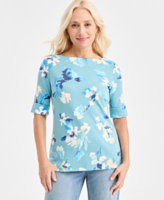 Women's Printed Boat-Neck Elbow Sleeve Top