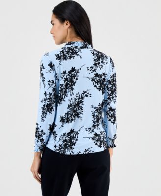 Petite Ruffled-Neck Smocked-Cuff Top