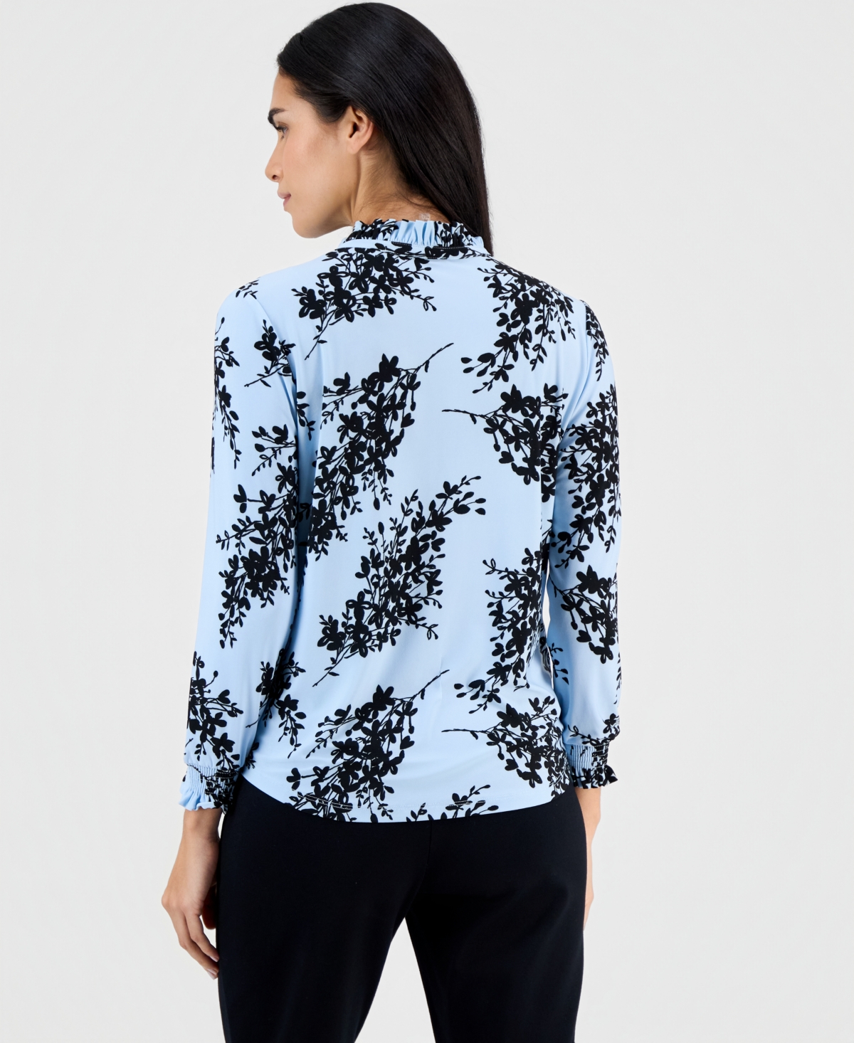 Ak Anne Klein Petite Ruffled-Neck Smocked-Cuff Top