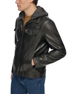 Men's Fleece Hood Faux Leather Jacket