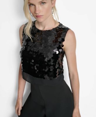 Women's Sleeveless Sequin Overlay Wide Leg Jumpsuit