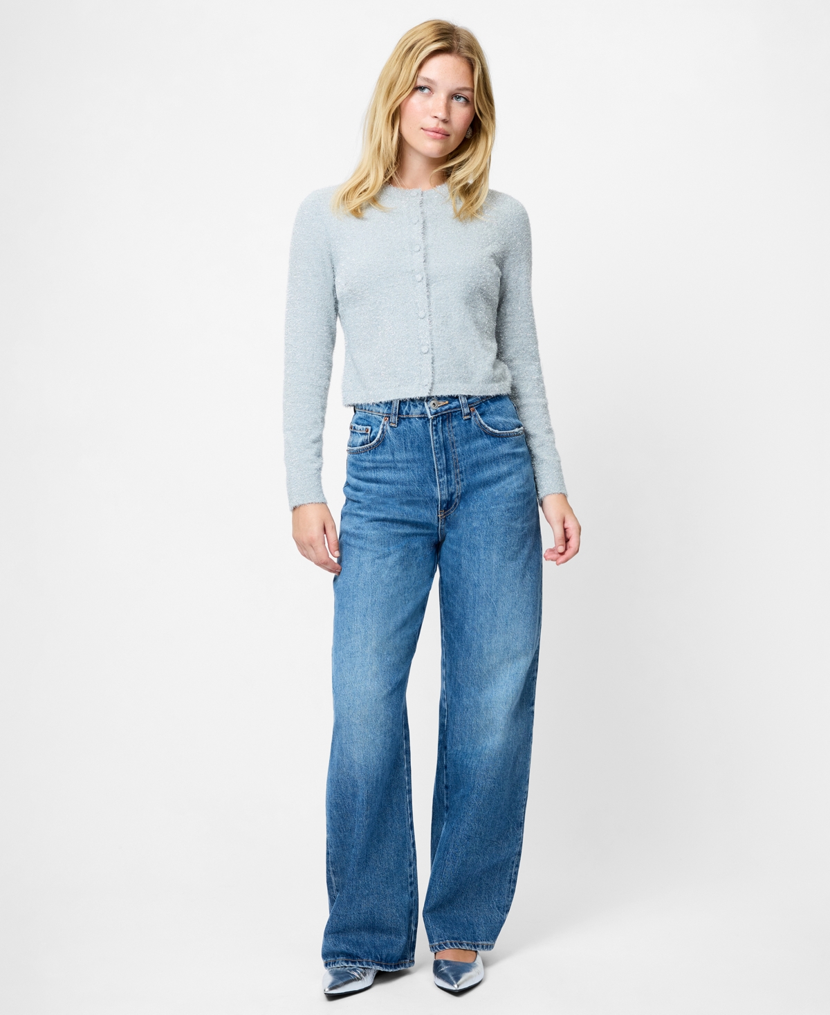 French Connection Tinsel Metallic Fuzzy Cardigan In Blue