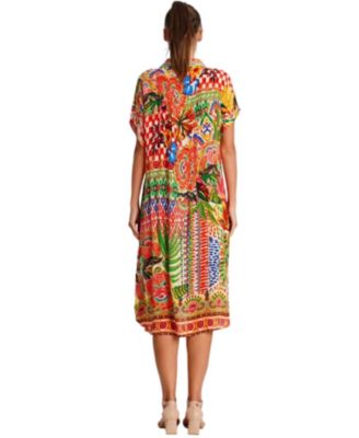 Women's Midi Summer Dress with Collared Neck, Short Sleeves, and Side Slits