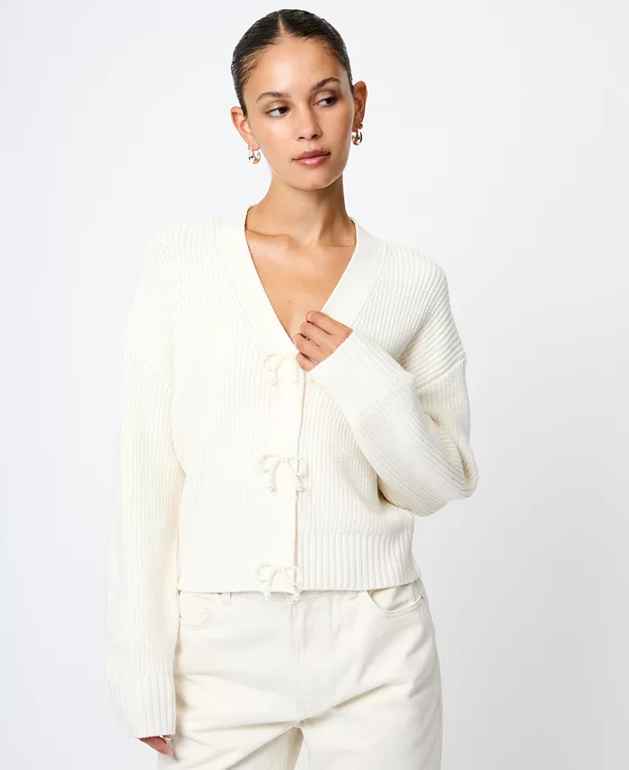 Women's Babysoft Knit V-Neck Embellished Bow Cardigan Sweater