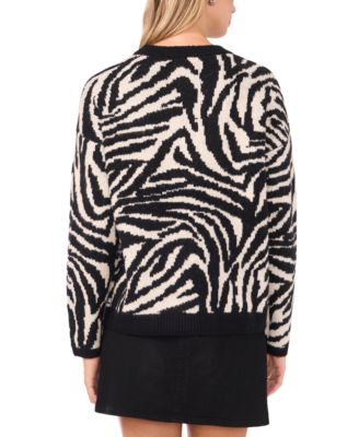 Women's Crewneck Zebra Print Jacquard Long-Sleeve Sweater