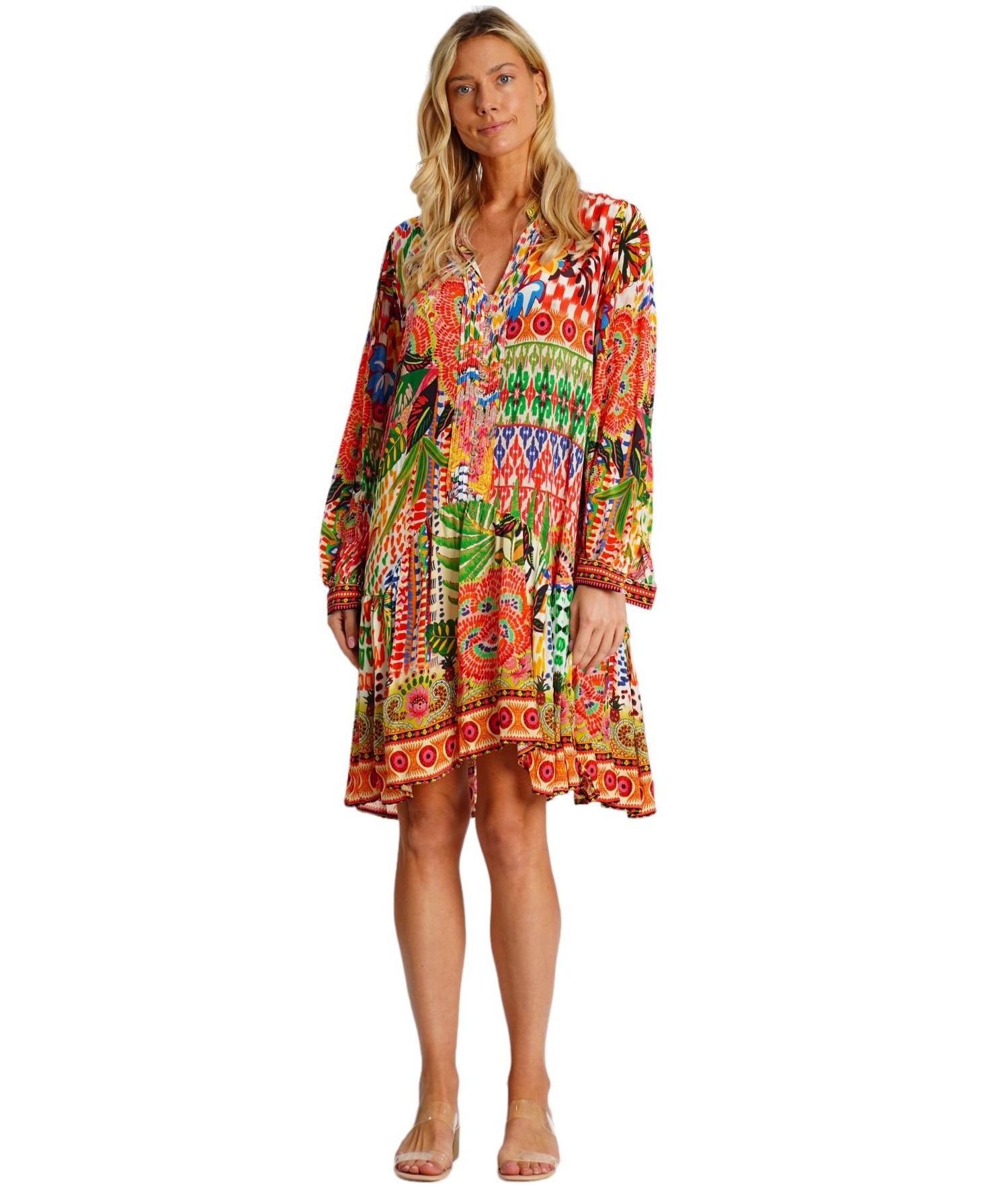 Women's Knee-Length Printed Dress with Long Sleeves and Flowy Skirt