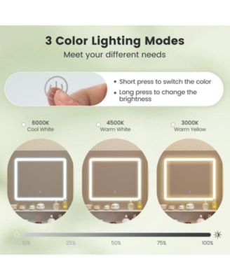 Glass Top Vanity Desk with LED Mirror, 3-Color Lighting & Hair Dryer Stand – 4 Drawers, Charging Station