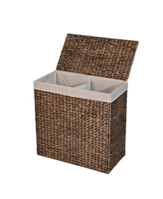 Sawyer 24" Classic Farmhouse Hand-Woven Hyacinth 2-Section Collapsible Laundry Hamper with Washable Liner