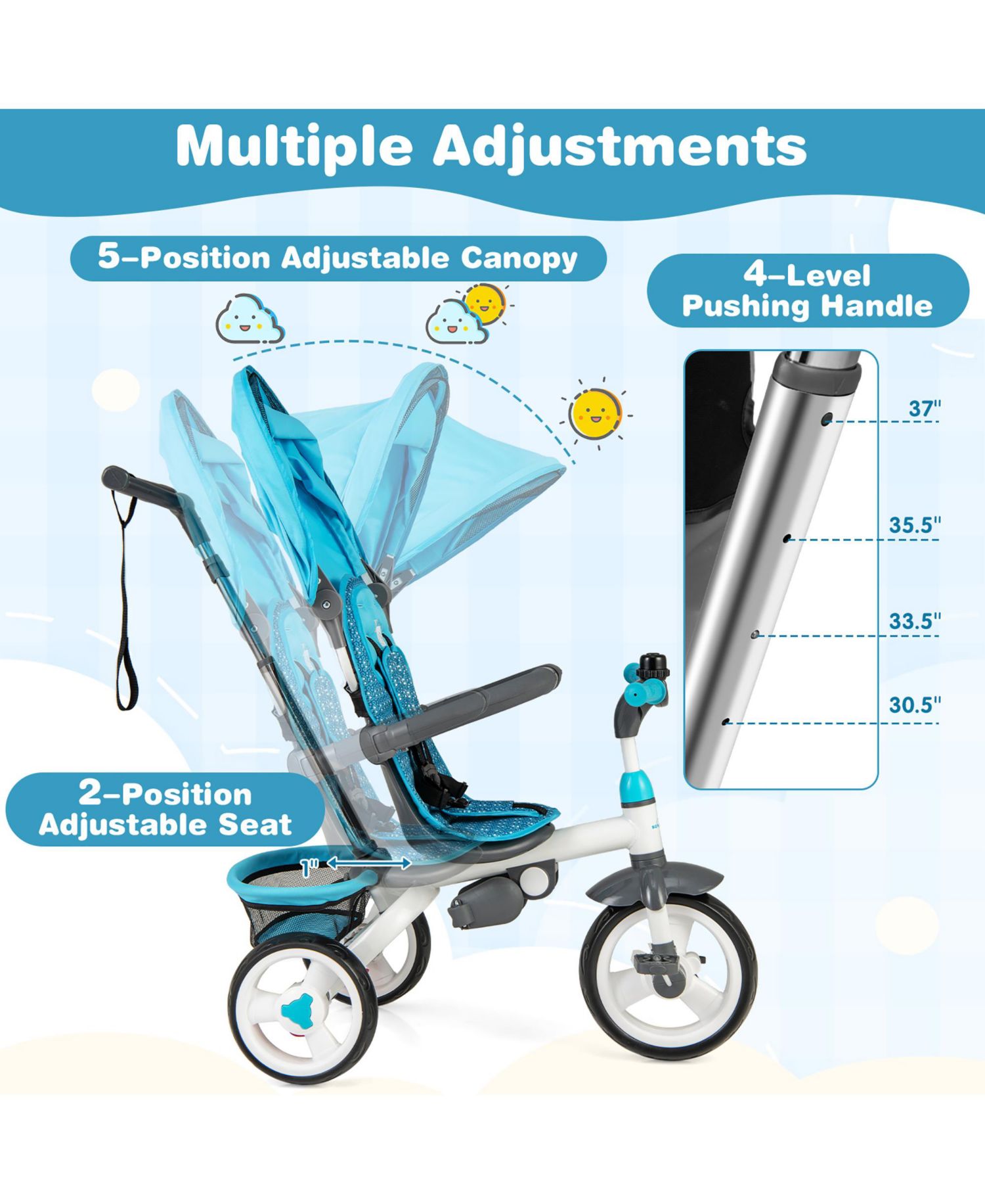 Toddler Tricycle Stroller 6-in-1 Push Trike w/ Removable 5-Position Canopy
