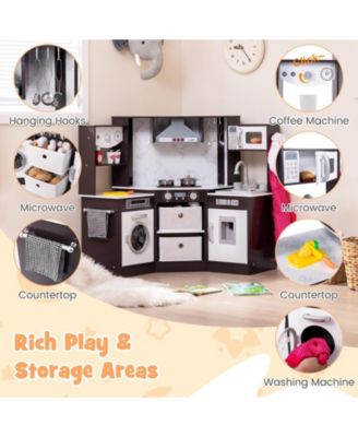 Wooden Kids Play Kitchen with Realistic Lights, Sounds, and Storage