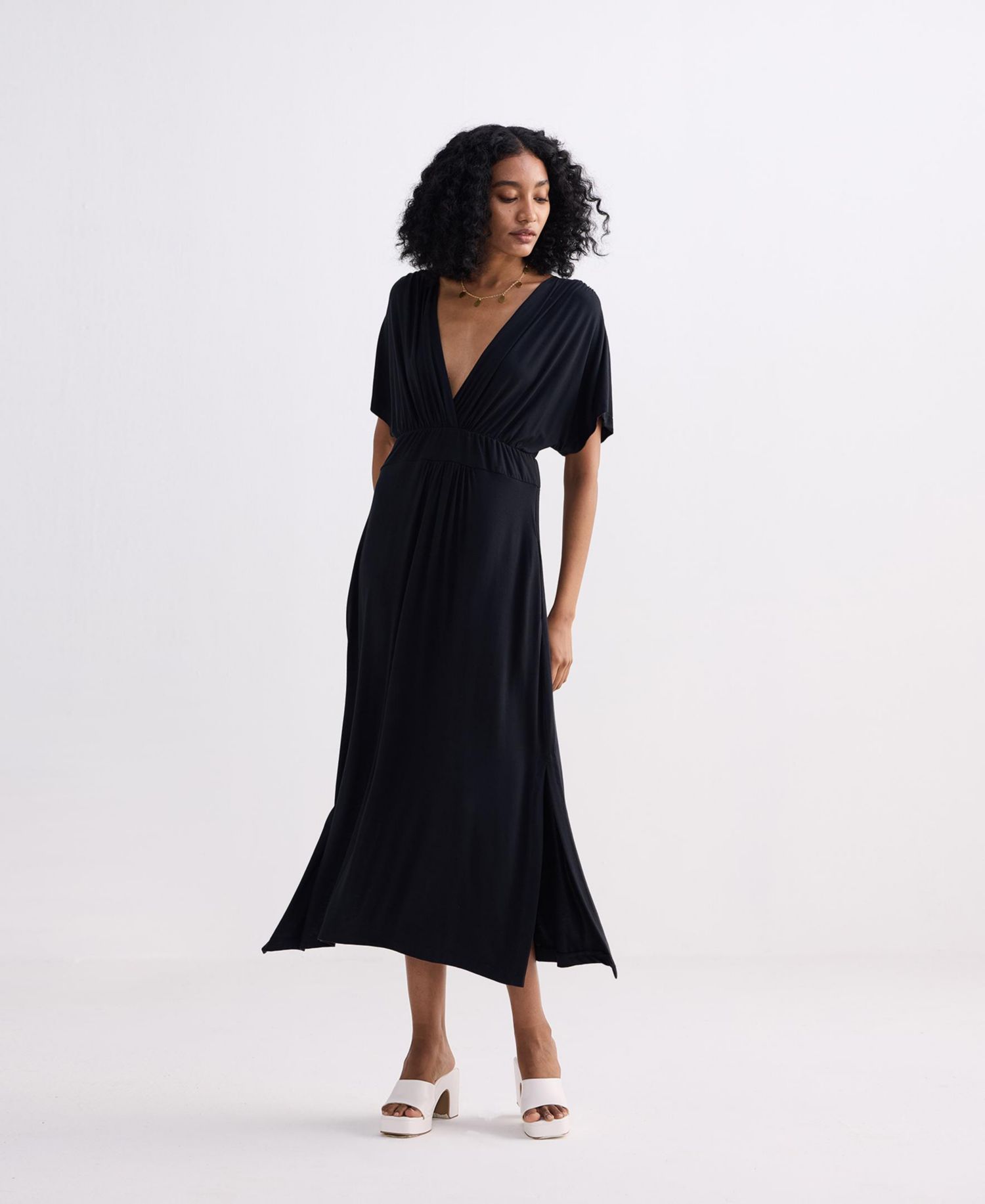 Women's Flowy A-Line Maxi Dress with Side Slits in Black
