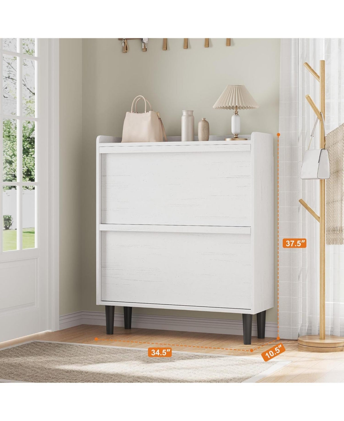 Shoe Cabinet with 2 Flip Drawers,Wooden Shoe Organizer Cabinet with Adjustable Shelf,Shoe Storage for Entryway, Hidden Shoe Cabinet for Hallway,White