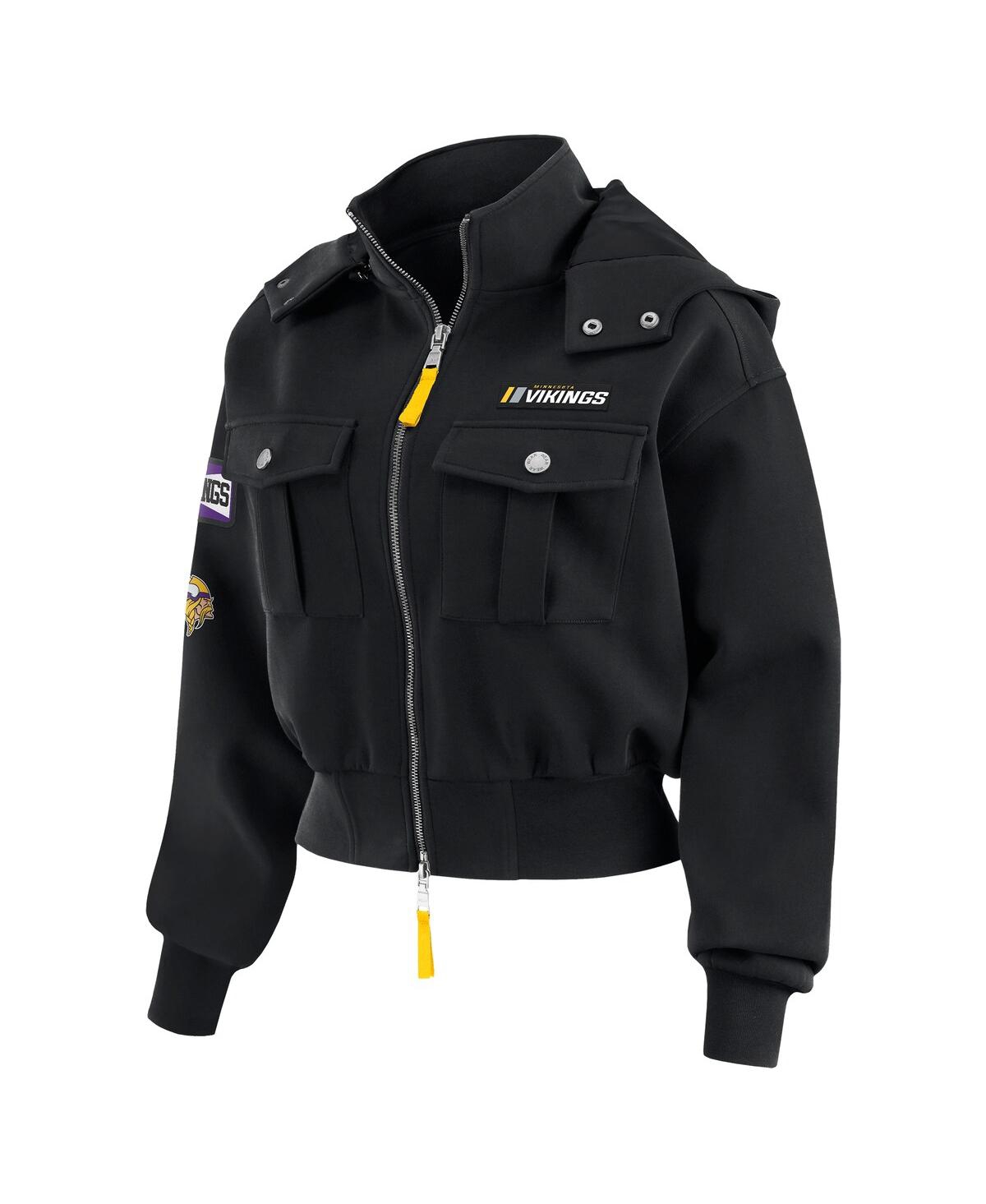 Wear By Erin Andrews Black Minnesota Vikings Patch Pocket Cropped Full-zip Bomber Jacket In Black