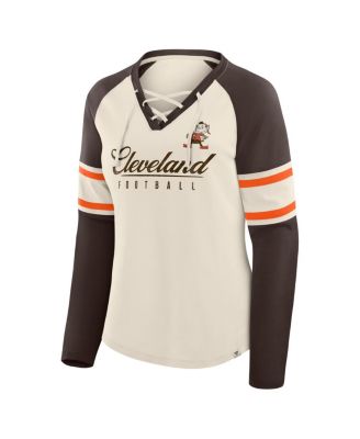 Women's Cream/Brown Cleveland Browns Hometown Gridiron Hero Raglan Lace-Up V-Neck Long Sleeve T-Shirt