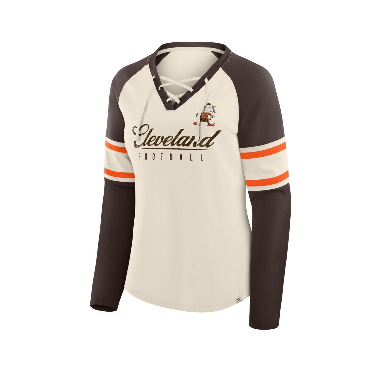 Women's Cream/Brown Cleveland Browns Hometown Gridiron Hero Raglan Lace-Up V-Neck Long Sleeve T-Shirt
