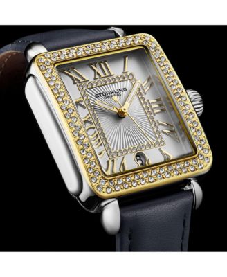 Elegant Women s Rectangular 35×47mm Dress Watch – Model 4060L.4, Gold Crystal Bezel, Silver Case, Blue Leather Strap
