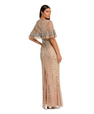 Women's Fitted Beaded Mesh Gown With Capelet