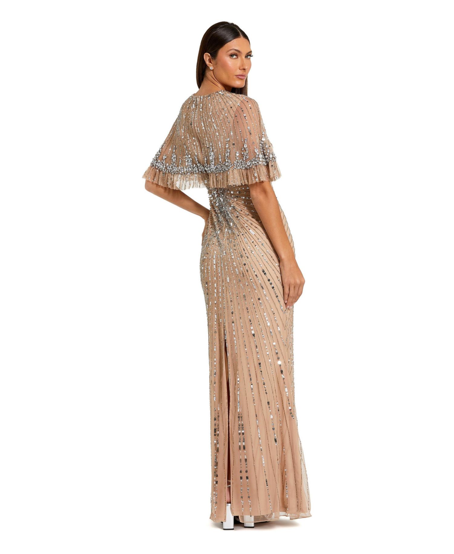 Women's Fitted Beaded Mesh Gown With Capelet