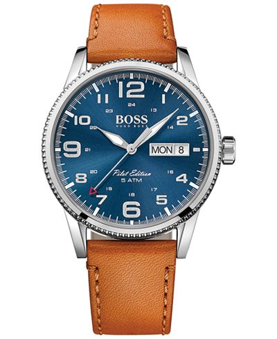 BOSS Hugo Boss Men's Pilot Brown Leather Strap Watch 44mm 1513331