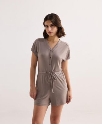 Women's V neck Drawstring Knit Romper in Dusty brown