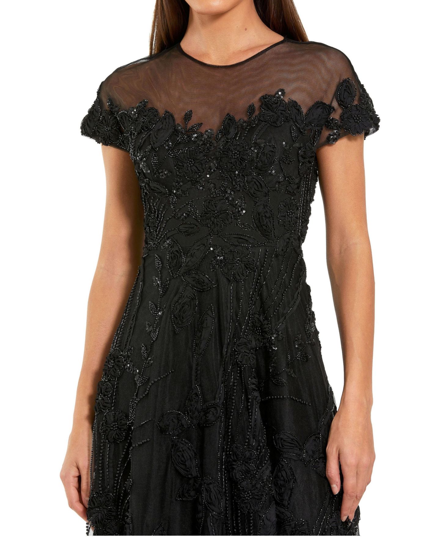 Женское платье Mac Duggal Embellished Lace Illusion Neck A-Line Midi, цвет: Чёрный — фото 2
