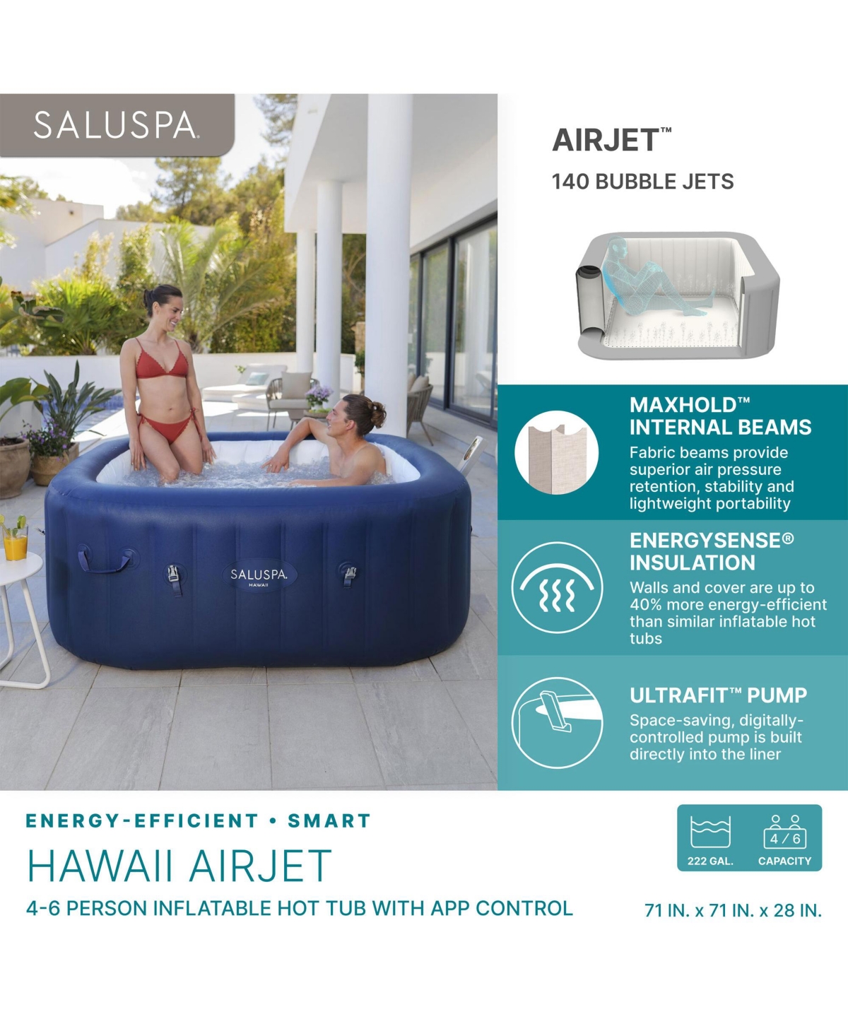 Bestway SaluSpa Hawaii Smart AirJet Inflatable Hot Tub with EnergySense Cover