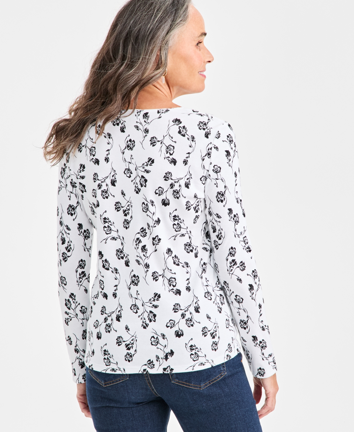 Style & Co Women's Printed Long-Sleeve Scoop-Neck Top, Macy's Exclusive
