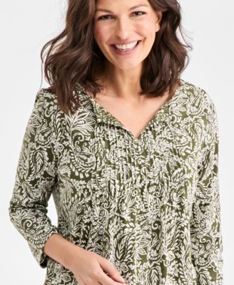 Women's Printed Split-Neck Pintucked Knit Top, Macy's Exclusive