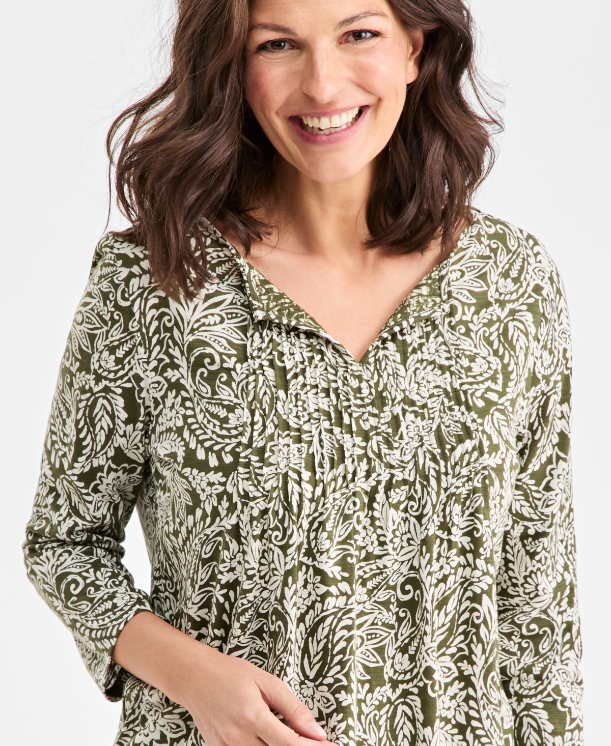 Style & Co Women's Printed Split-neck Pintucked Knit Top, Macy's Exclusive In Multi