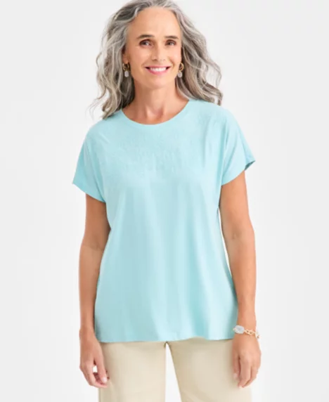 Petite Soutache Knit Scoop Neck T-Shirt - Pacific Blue