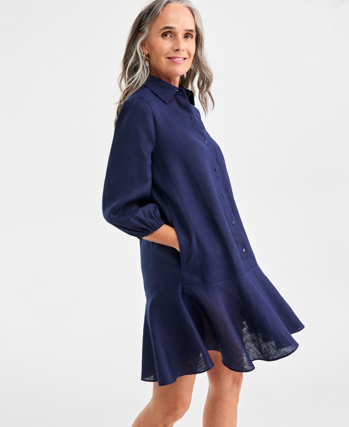 Charter Club Women's 100% Linen Flounce Shirtdress, Created For Macy's In Blue