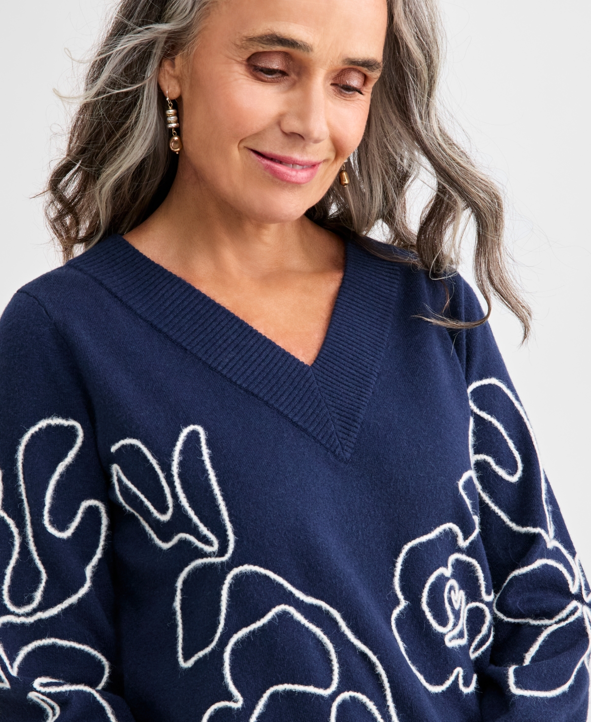 Style & Co Petite Embroidered Soutache Long-sleeve Sweater, Macy's Exclusive In Blue