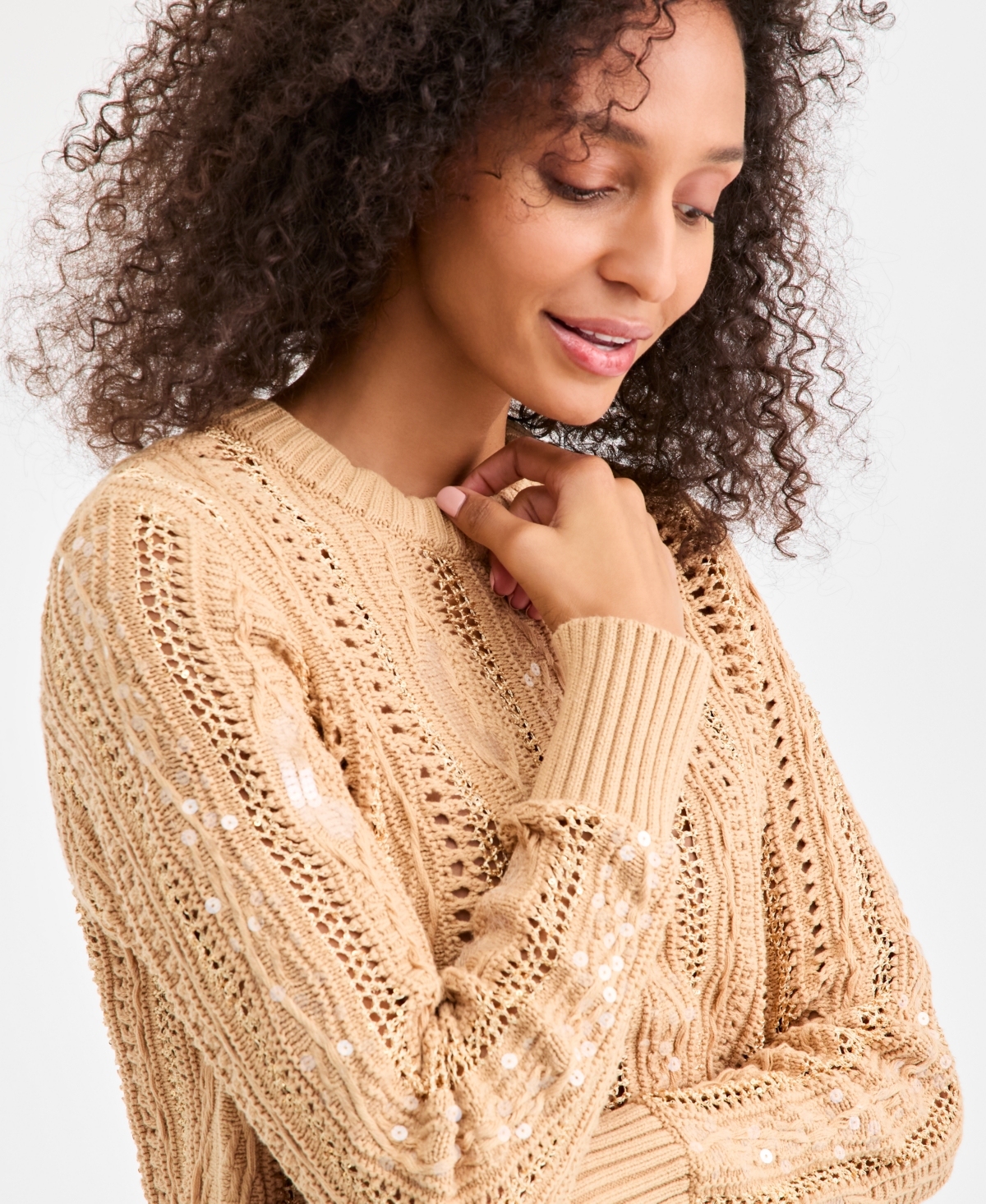 Style & Co Women's Textured Shine Crewneck Sweater, Macy's Exclusive In Brown