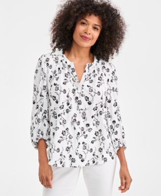 Style & Co - Women's Printed Split-Neck Bubble-Sleeve Top