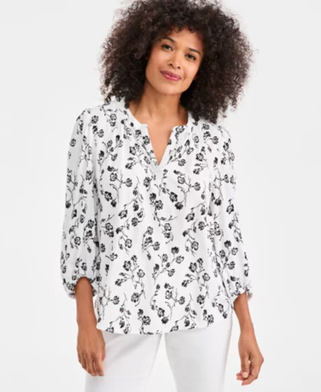 Petite Printed Bubble Sleeve Top - Ink Floral Shi
