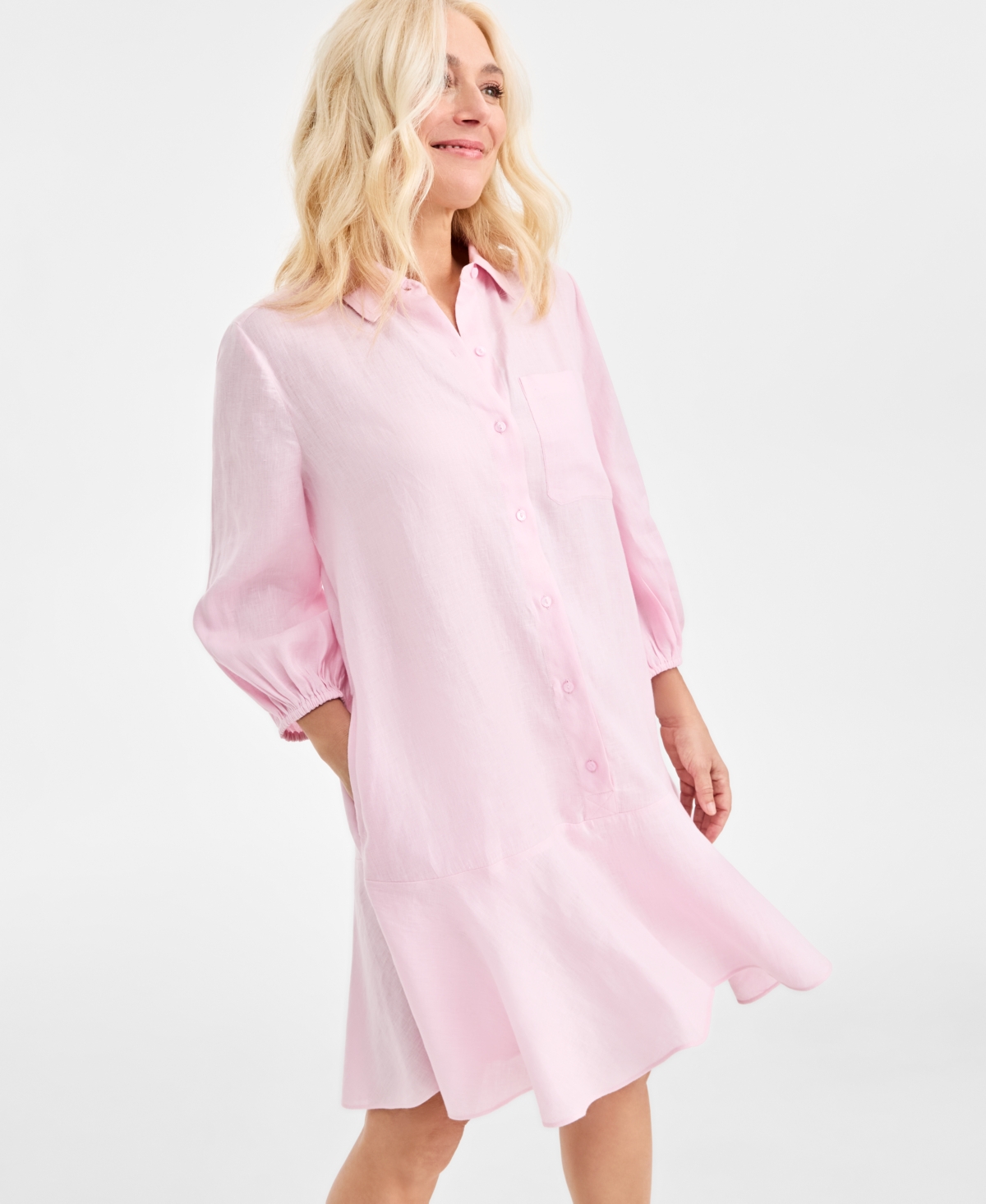 Charter Club Women's 100% Linen Flounce Shirtdress, Created For Macy's In Pink