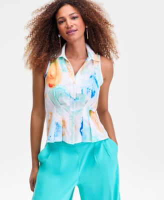 I.N.C. International Concepts - Women's Printed Seamed-Waist Sleeveless Shirt